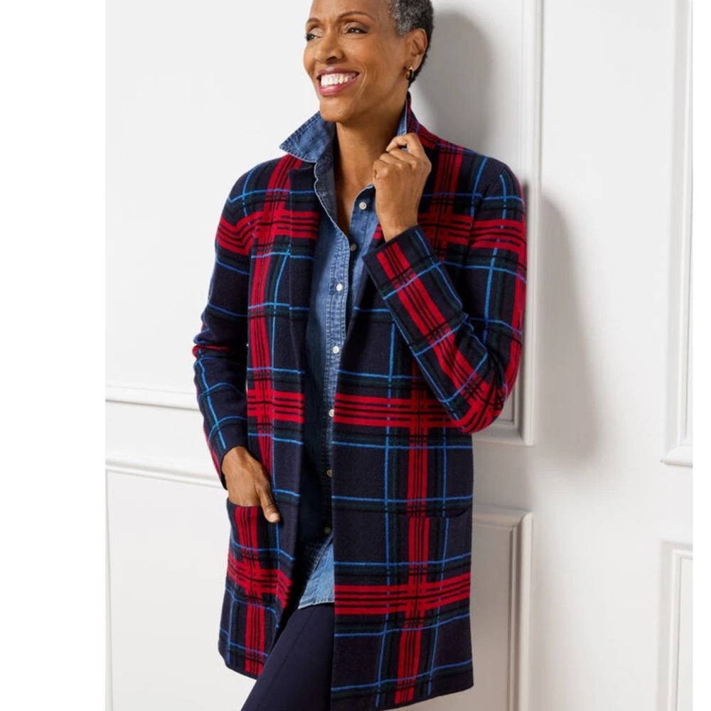 Talbots  Merino wool COATIGAN Red and Blue Plaid Blazer